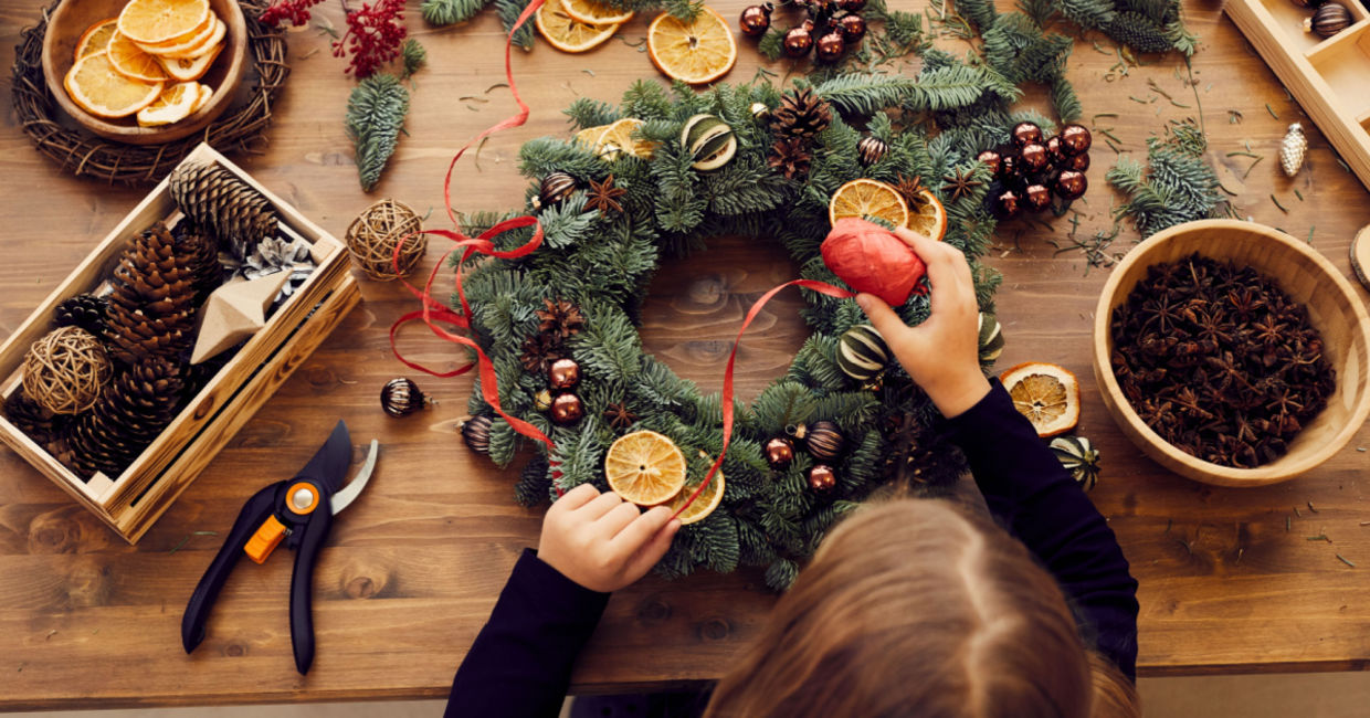 Creating a holiday wreath.