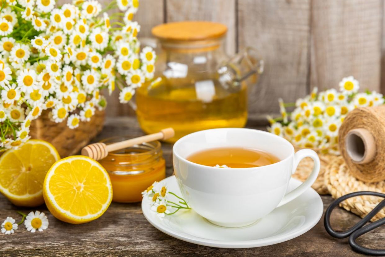 Enjoy a calming cup of chamomile tea.