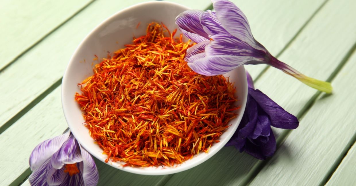 A bowl of dried saffron threads.