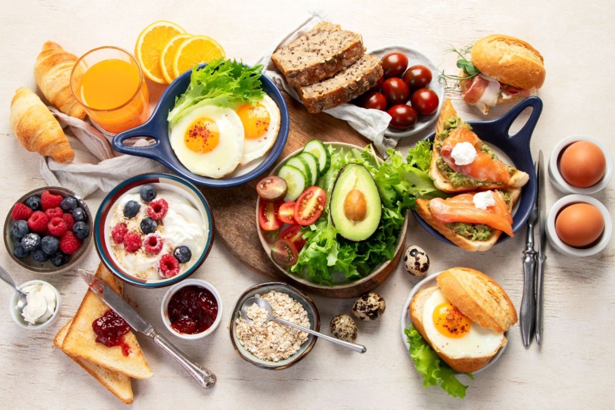 A healthy breakfast spread on a table.