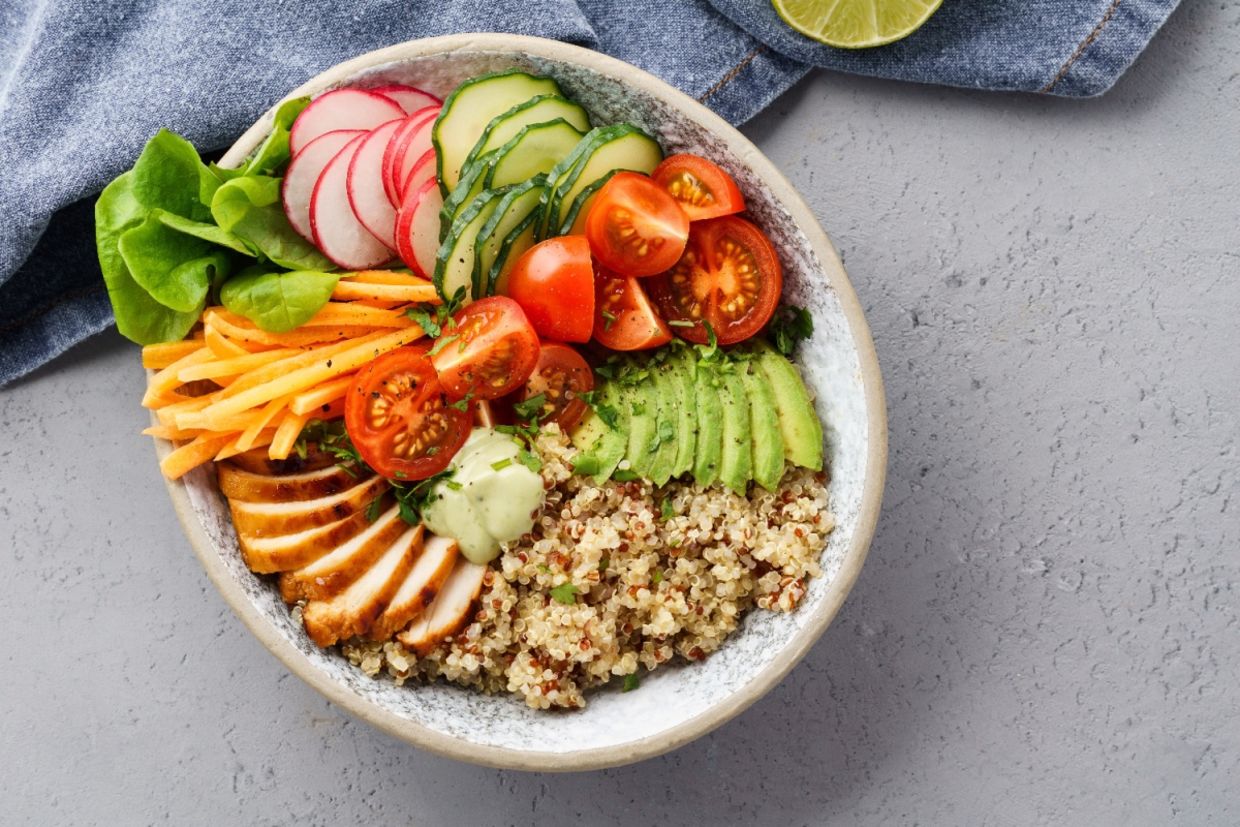 A delicious quinoa bowl with various ingredients.