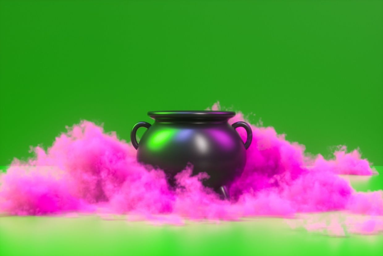 A cauldron with pink smoke.