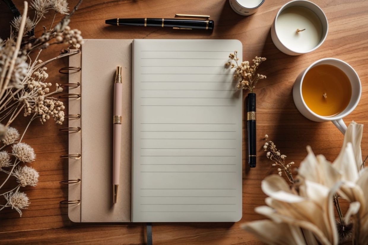 A desk with a book for writing.