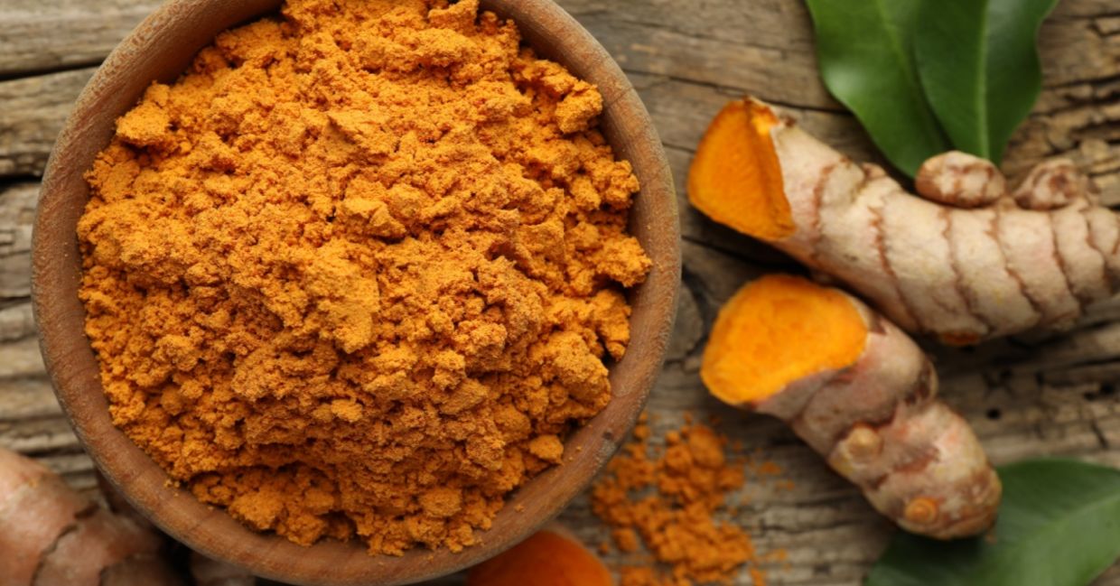 Turmeric roots and powdered spice.