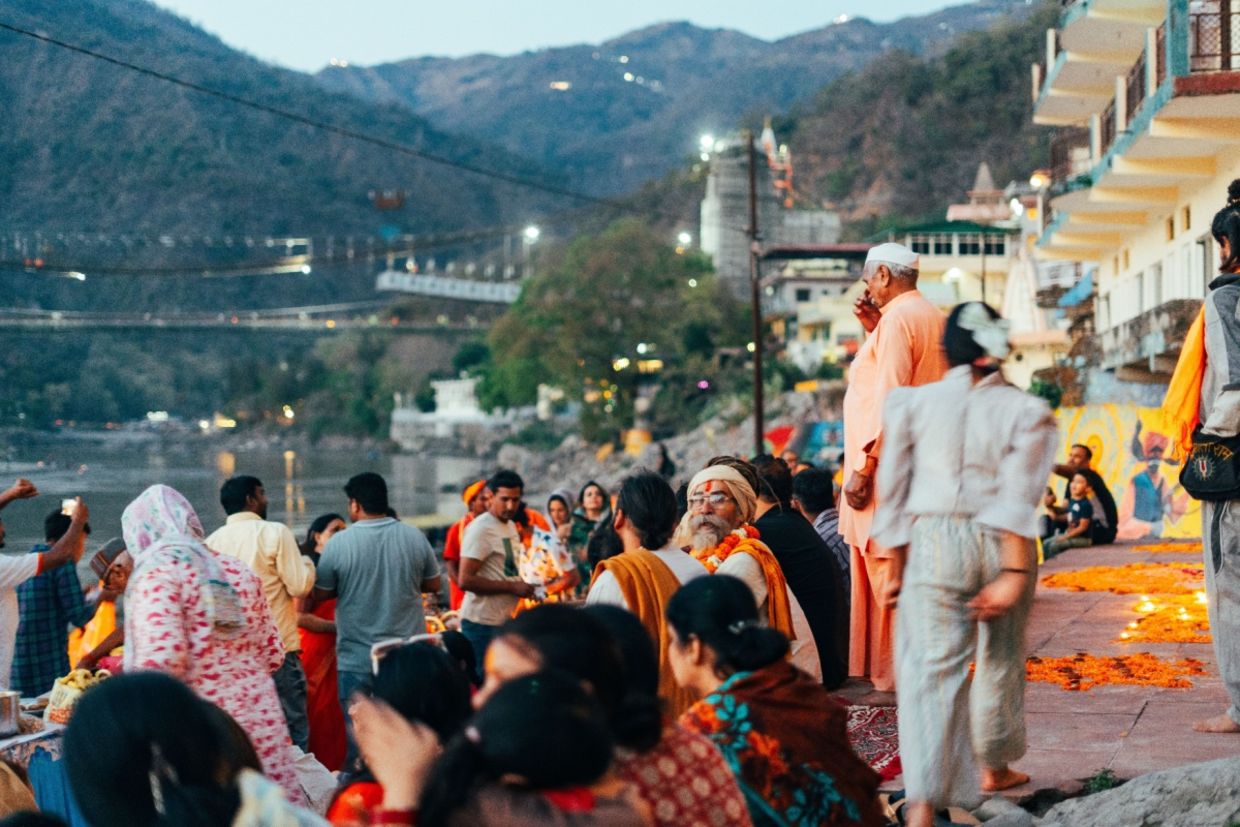 People gather in Rishikesh.