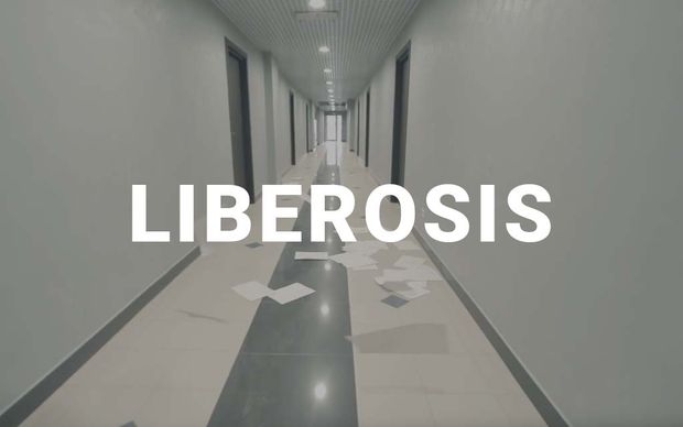 photo A long, empty institutional corridor with white walls and a reflective floor, scattered papers lying on the ground, leading to a distant doorway, with the word 'LIBEROSIS' displayed in large white capital letters across the center of the image.