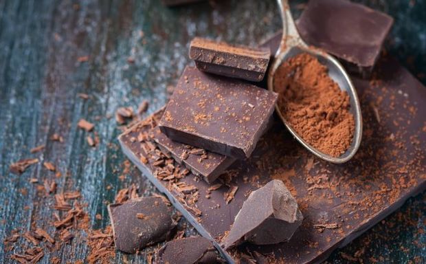 Pieces of dark chocolate. 